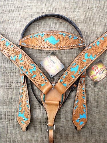 S07 HILASON WESTERN LEATHER HORSE BRIDLE HEADSTALL BREAST COLLAR TAN TURQUOISE