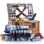 VonShef 4 Person Wicker Picnic Basket Hamper Set with Flatware, Plates and Wine Glasses Includes Blue Checked Pattern Lining and FREE Picnic Blanket