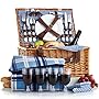 VonShef 4 Person Wicker Picnic Basket Hamper Set with Flatware, Plates and Wine Glasses Includes Blue Checked Pattern Lining and FREE Picnic Blanket