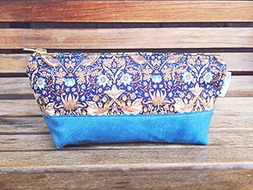 Women's Cosmetic Bag - Blue Floral Leather Makeup Bag, Leather Cosmetic Bag, Womens's Zipper Pouch