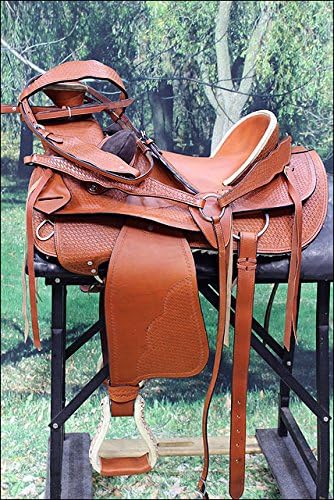 WESTERN WADE RANCH ROPING COWBOY TRAIL LEATHER SADDLE WITH HEADSTALL &amp; BREAST COLLAR - MEDIUM TAN