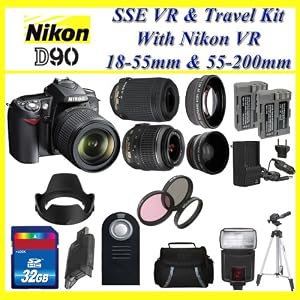 The Nikon D90 SLR Digital Camera with Nikon 18-55m f3.5-5.6G VR Lens and Nikon 55-200mm f3.5-5.6G ED AF-S VR Lens + Huge 32GB Lens Accessory Package