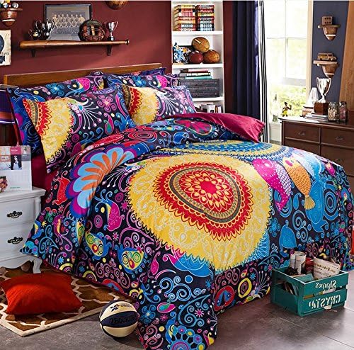 Zacard Colorful Bohemian Style Bedding Set Flannel Bedding Set Boho Style Duvet Cover Sets Fitted / Flat Sheet Set Twin Full Queen (Flat Sheet, Twin)