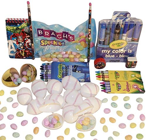 Easter Basket Filler Bundle: Sports &amp; Superhero Themed: 1 Golden Egg, 12 Baseball Plastic Eggs, 1 Avenger Study Set, 2 Brachs Jelly Bean Bird Egg, 3 Crayola Crayons &amp; 1 My Color is Blue Writing Set