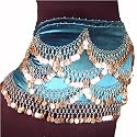Belly Dance Coin Hip Scarf, Black Silver Crescent Rectangle, Velvet Fabric