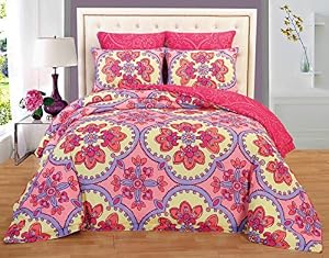 Couture Home Collection Camellia Reversible Vintage Vibrant Floral Design Soft Touch 6 Piece Comforter Bed Set (Pink, Queen)