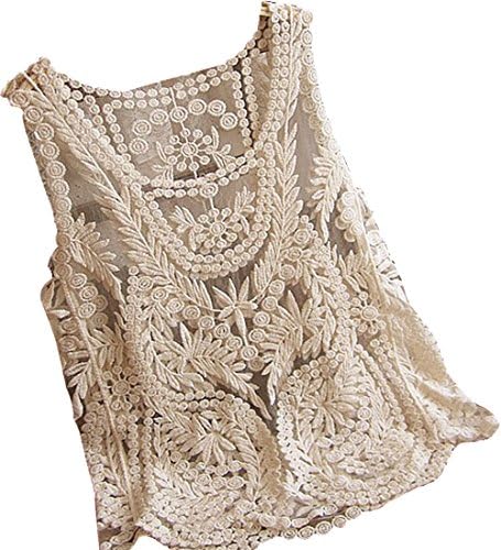 Women Lace Floral Sleeveless Crochet Knit Vest Tank Top Shirt Blous (M, cream-coloured)