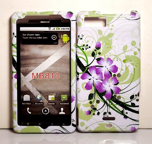 Purple Flower with Green Wave Snap on Hard Protective Cover Case for Motorola Droid X MB810 + Microfiber Pouch Bag