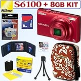 Nikon Coolpix S6100 16 MP Digital Camera (Red) + 8GB Accessory Kit
