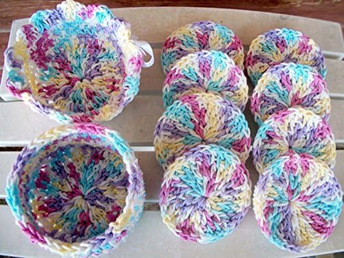 Multicolored Crocheted Basket and Lid with Eight Facial Scrubs or Wash Scrubs by DRCrafts