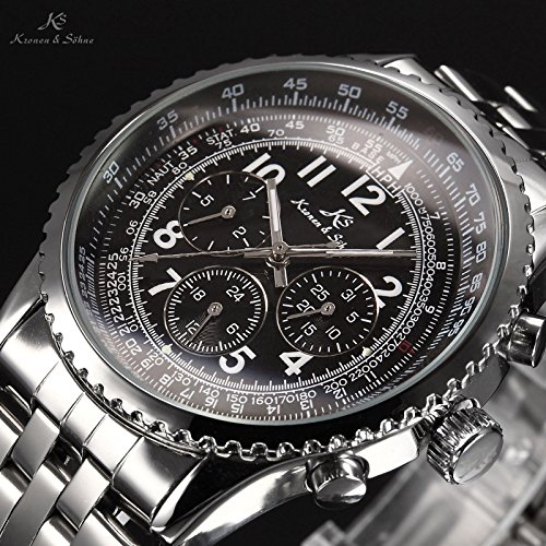 Aviator Date Day Stainless Steel Men Automatic Mechanical Watch - Black