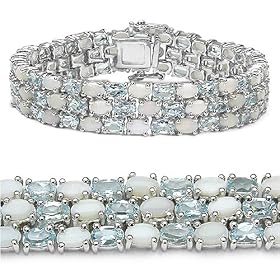 22.30 Carat Genuine Blue Topaz and Opal Ovals 3-Row Sterling Silver Bracelet by