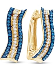 10K Yellow Gold Round Brilliant Cut Blue and White Diamond - Prong Set Round Circle Hoop Earrings - (1/4 cttw.)