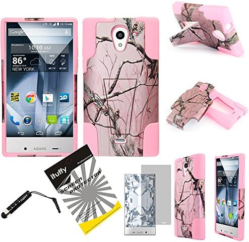 3 items Combo: ITUFFY(TM) LCD Screen Protector Film + Stylus Pen + 2 tone Design Dual Layer KickStand Tuff Impact Armor Hybrid Soft Rubber Silicone Cover Hard Snap On Plastic Case for Sharp Aquos Crystal X 5.5 (5.5" inch Screen Size) (Pink Tree Camouflage - Light Pink)