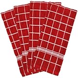 DII 100% Cotton, Machine Washable, Basic Everyday, Terry, Kitchen Dishtowel, Ultra Absorbant, Windowpane Design, 16 x 26" Set of 4- Solid Red