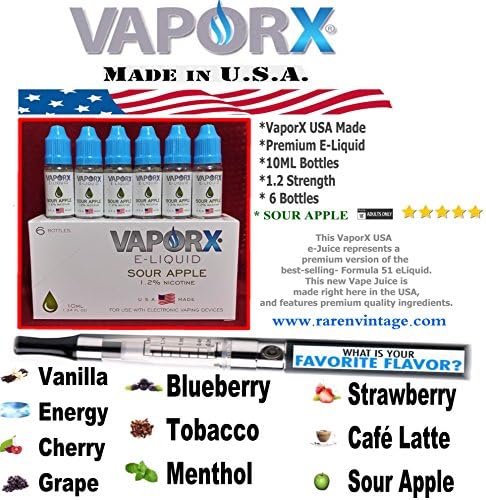 VaporX Premium E-Liquid USA Made "SOUR APPLE" 1.2 Strength (6 Bottles 10ML Ea)