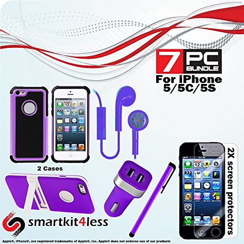 Combination Pack Includes 7 Pcs Accessory Bundle, Include Shockproof TPU Hard Plastic Combination Case with Holder and One More Premium Rugged Hybrid Case, Dual USB Car Charger, 2 X Screen Protector, Stylus Pen, Stereo Earphones GET 7 Products for the Price of ONE or Two (purple)