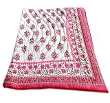 New Jaipuri Handmade Hand Block Print King Reversible Cotton Pink Quilt Bedspread Bedding