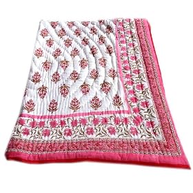 New Jaipuri Handmade Hand Block Print King Size Reversible Cotton Pink Quilt Bedspread Bedding