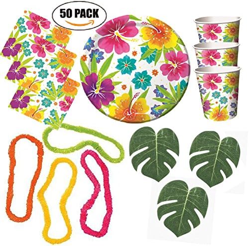 Tropical Luau Hawaiian Party Pack - Tableware for 50 Guests and Decoration - Plates, Napkins, Cups, Lei Necklaces, Artificial Leaves