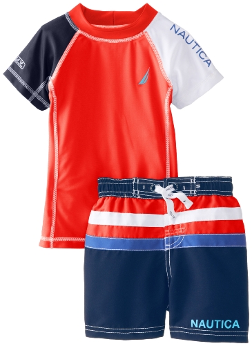 Nautica Baby-Boys Infant Rashguard Swim Set, Bright Orange, 24 Months