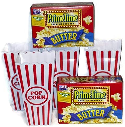 Nostalgic Red and White Striped Plastic Popcorn Containers with Microwavable Butter Popcorn (Bundle of 6 Items)