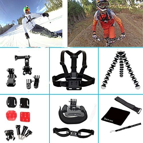 Black Pro 7 in 1 Accessory Kit Helmet Strap+velcro Belt+chest Strap+curved Adhesive+j-hook and Flat Bases with Sticker+elastic Wrist Strap+black Pro Cleaning Cloth+black Pro Lanyard for Gopro 1/2/3/3+/4 Camera+