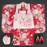七五三着物 三歳女の子被布セット マユミ 赤地 被布淡いピンク 刺繍桜 芍薬 足袋に腰紐付きフルセット