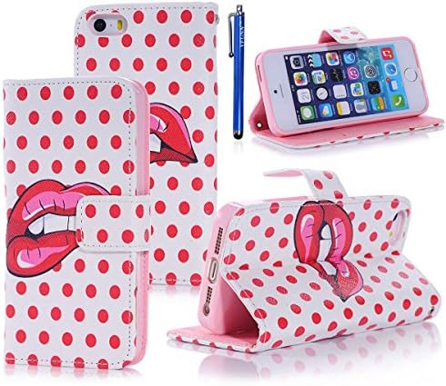 iPhone 6 Plus Leather Case,Vfunn Deluxe Flip Leather Wallet Case Cover Pouch for Apple iPhone 6 Plus (5.5 inch) with 1 Stylus Pen and 1 Clear Screen Protector 1 Clean Cloth Cleaner Stand Function and Credit Card Money Slot (Apple iPhone 6 Plus, 5.5 inch) (Sexy Lips)