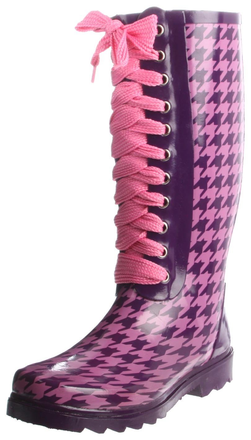 Pink and black rain boots