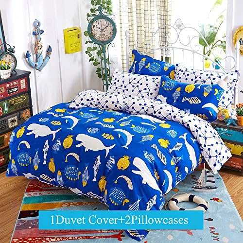 Yunr Lightweight Polyester microfiber Duvet Cover Set, character white blue yellow underwater world shark dolphin fish prints, Full Queen Size (Full/Queen, Pattern #03)