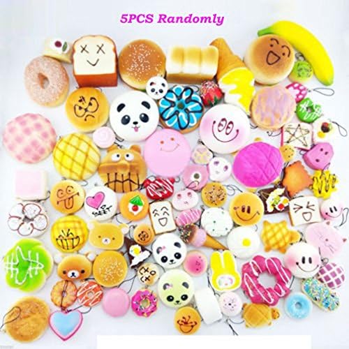 HABAER 5PCS Randomly Super Cute Soft Panda Turtle Donuts Bread Buns Squishy Toys Cell Phone Charms Keychains