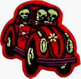 Hippy Aliens in Red Beetle Car with Daisies - Embroidered Iron On or Sew On Patch