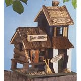 FISHING LODGE BIRDHOUSE WOOD LOG BIRD HOUSE FEEDER