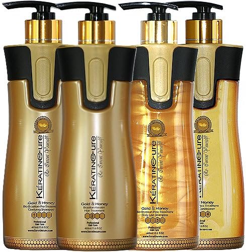 Keratin Cure Professional Brazilian Treatment Gold &amp; Honey V2 Creme Hair Straightening Repair and Shine 4 Piece Kit 460 ML /15 Fl Oz - Tratamiento Brasilera De Keratina Alisado