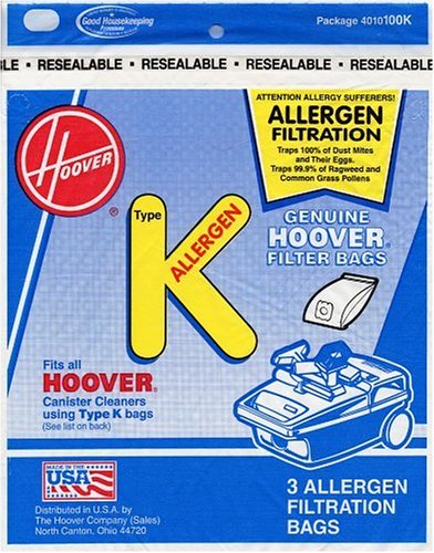 Hoover Type K Allergen Filtration Vacuum Cleaner Bags, Package of 3