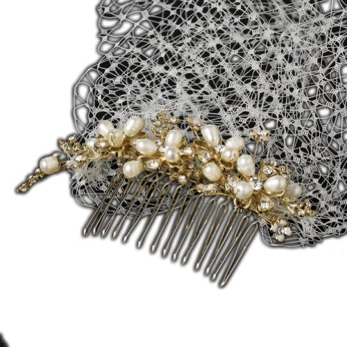 Ivory Pearl Covered Comb with Attached Russian Tulle Blusher in Gold Tone Wedding Bridal Birdcage Veil