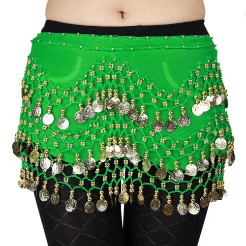 Chiffon Dangling Gold Coins Belly Dance Hip Scarf, Vogue Style -green