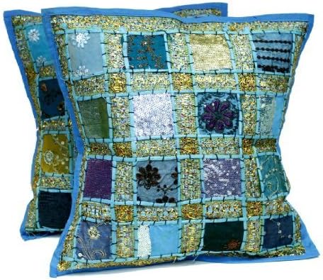 2 Blue Embroidery Sequin Patchwork Indian Sari Throw Pillow Krishna Mart Cushion Covers by Krishna Mart