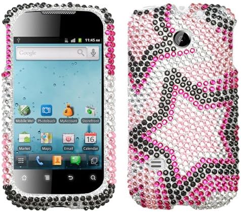 Hard Diamante Protector Skin Cover (Faceplate/Snap On) Full Rhinestones Diamond Bling for Huawei Ascend II M865 Cricket - Twin Pink Stars