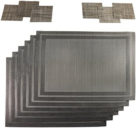 HomeProMart Premium Everyday Use Vinyl Placemats Set of 6; Bonus 6 Coasters; Easy care, Indoor &amp; Outdoor Use Reversible Placemats, 12"x18" (GreyR)
