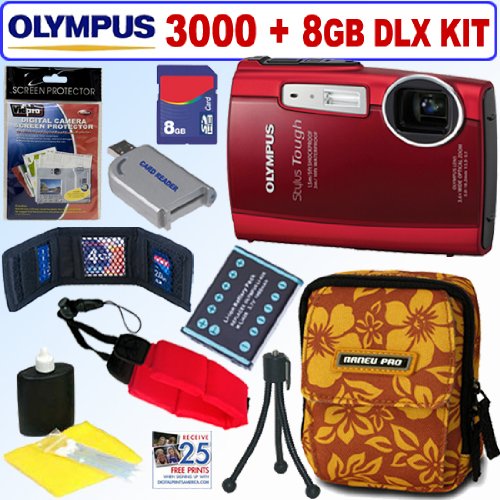 Olympus Stylus Tough 3000 12 MP Digital Camera Red + 8GB Deluxe Accessory Kit