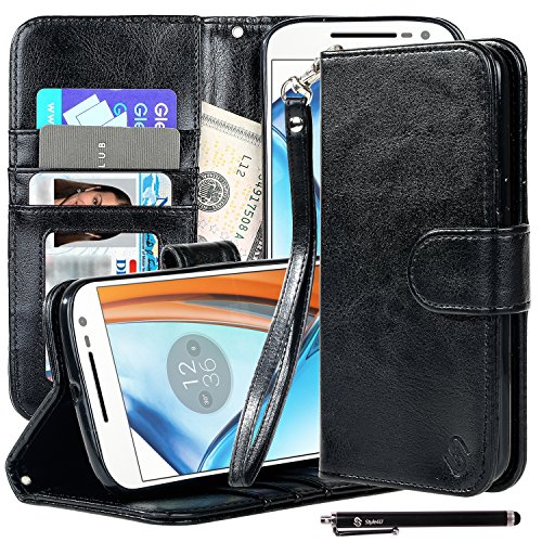 Moto G4 Case, Moto G4 Plus Case, Style4U Premium PU Leather Stand Wallet Case with ID Credit Card/Cash Slots for Motorola Moto G4 / Moto G4 Plus with 1 Style4U Stylus [Black]