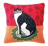 Warren Kimble Design Cat on Braided Rug Hooked Wool Pillow