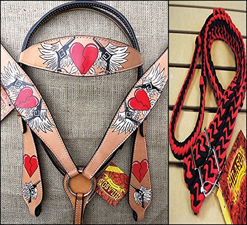 HILASON WESTERN LEATHER HORSE HEADSTALL BREAST COLLAR REINS TAN CROSS GUN HEART