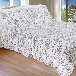 [Serene Night-Black] 100% Cotton 3PC Classic Floral Vermicelli-Quilted Quilt Set (Full/Queen Size)