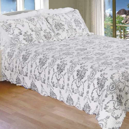[Serene Night-Black] 100% Cotton 3PC Classic Floral Vermicelli-Quilted Quilt Set (Full/Queen Size)