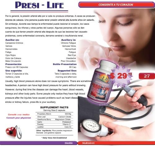 Presi Life 60 Caps By Biolife High Blood Pressure Support Supplements 500mg