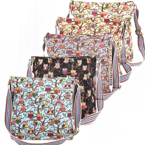 Cartoon Owl Print Color Strap Canvas Cross Body Messenger Cloth Shoulder Bag