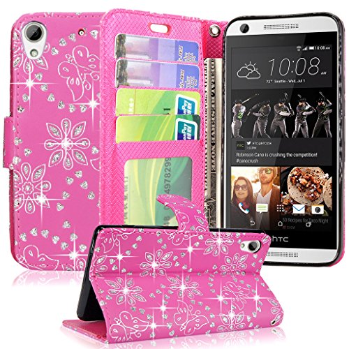 HTC Desire 626 Case, HTC Desire 626s Case, Cellularvilla [Stand Feature] [Slim Fit] Wallet Case, PU Leather Flip Cover [3 Card Slots] [Wristlet] For HTC Desire 626 / Desire 626S (Pink Glitter)